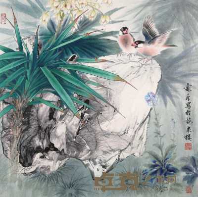 冯霖章 花鸟 带框 66×66cm